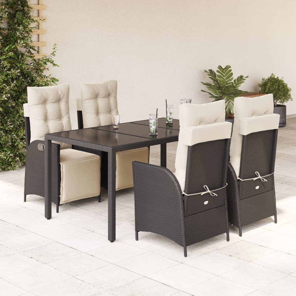 5 pc Black Garden Dining Set with Polyrattan Cushions