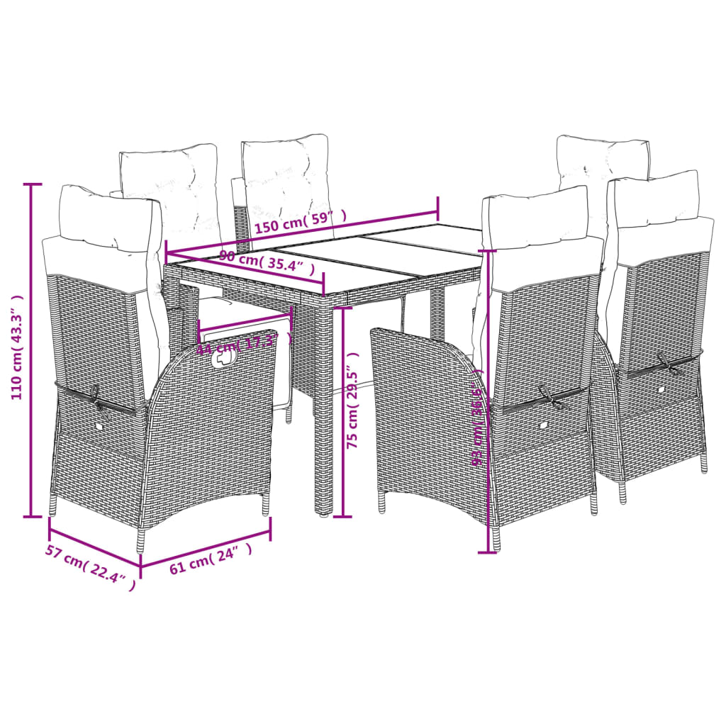 Set da Pranzo da Giardino 7 pz Nero con Cuscini in Polyrattan