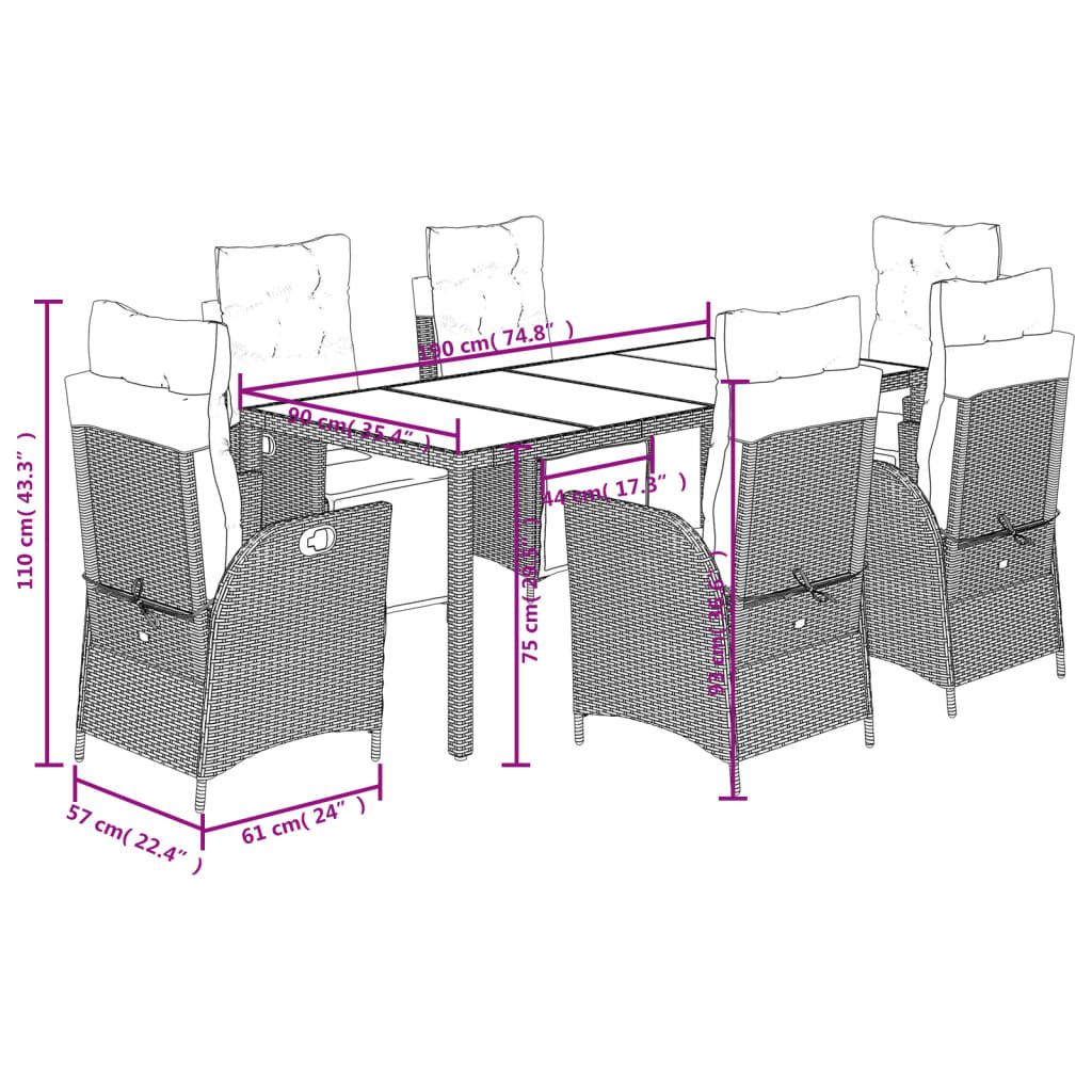 Set da Pranzo da Giardino 7 pz Nero con Cuscini in Polyrattan