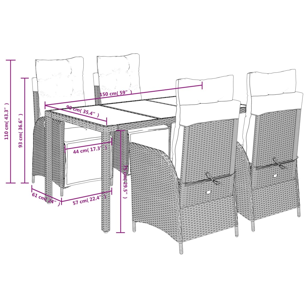 5-teiliges schwarzes Garten-Ess-Set mit Polyrattan-Kissen