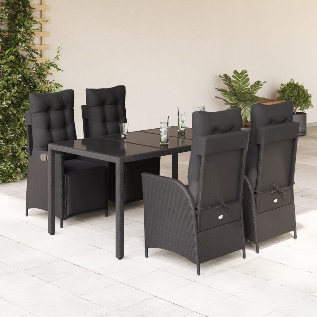 5-teiliges schwarzes Garten-Ess-Set mit Polyrattan-Kissen