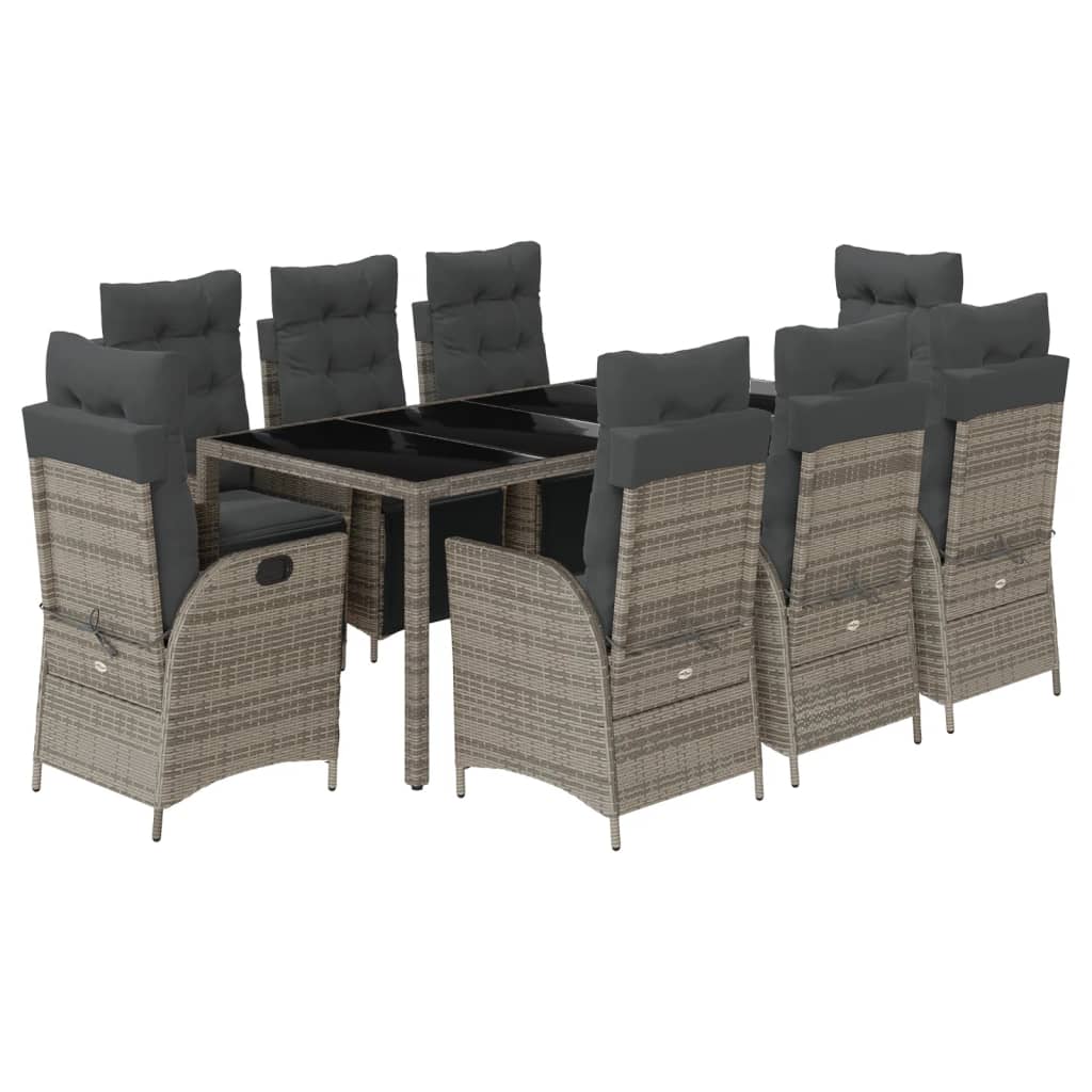 Set da Pranzo da Giardino 9 pz con Cuscini in Polyrattan Grigio - homemem39
