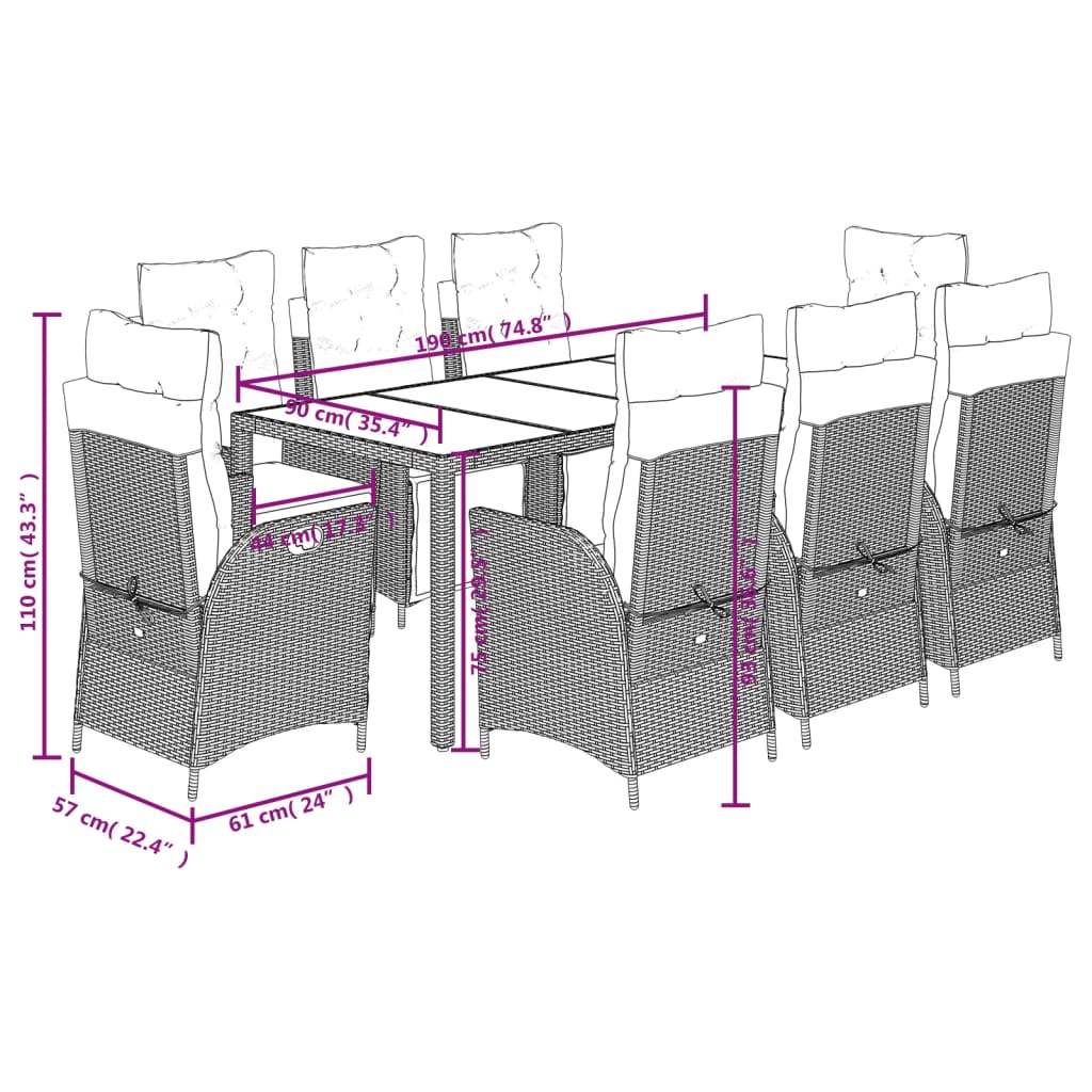 Set da Pranzo da Giardino 9 pz con Cuscini in Polyrattan Grigio | homemem39