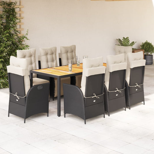 Set da Pranzo da Giardino 9 pz con Cuscini Nero in Polyrattan - homemem39