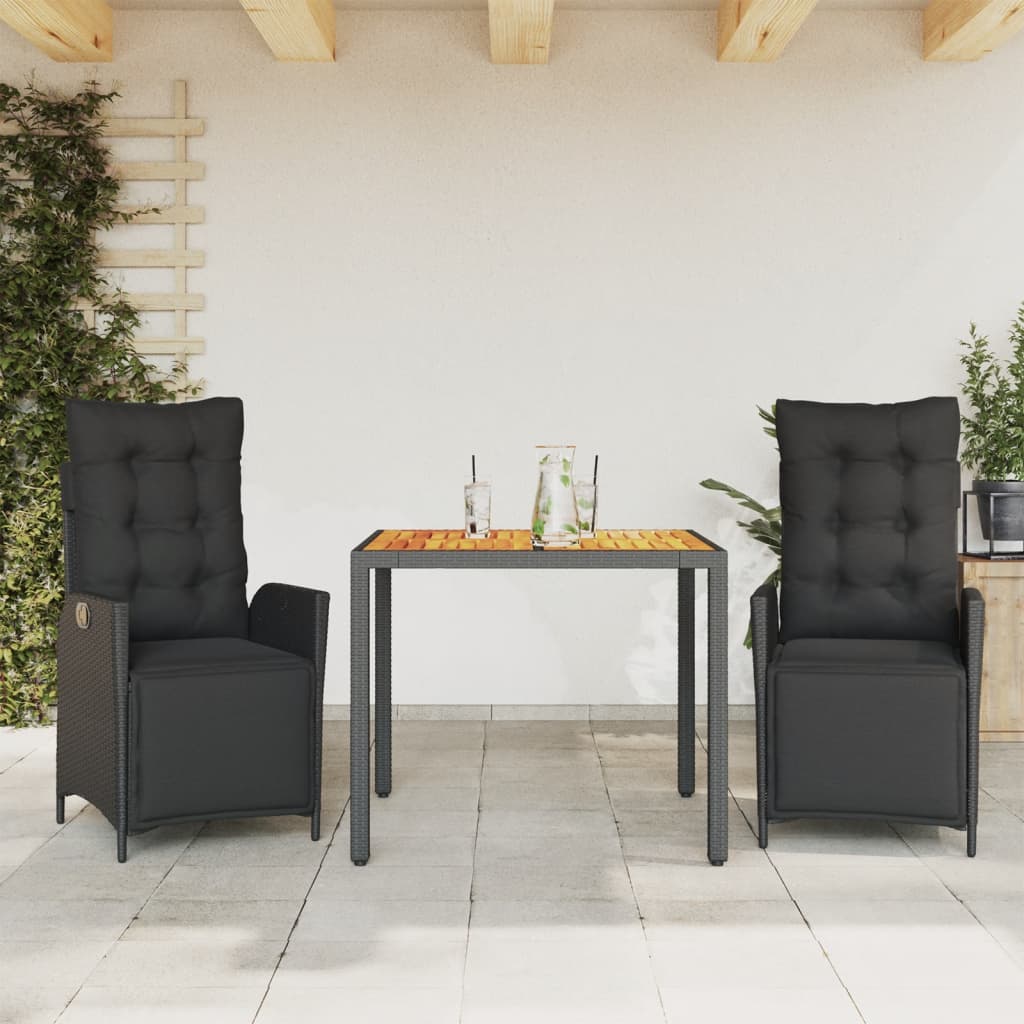 Set da Pranzo da Giardino 3 pz con Cuscini Nero in Polyrattan - homemem39