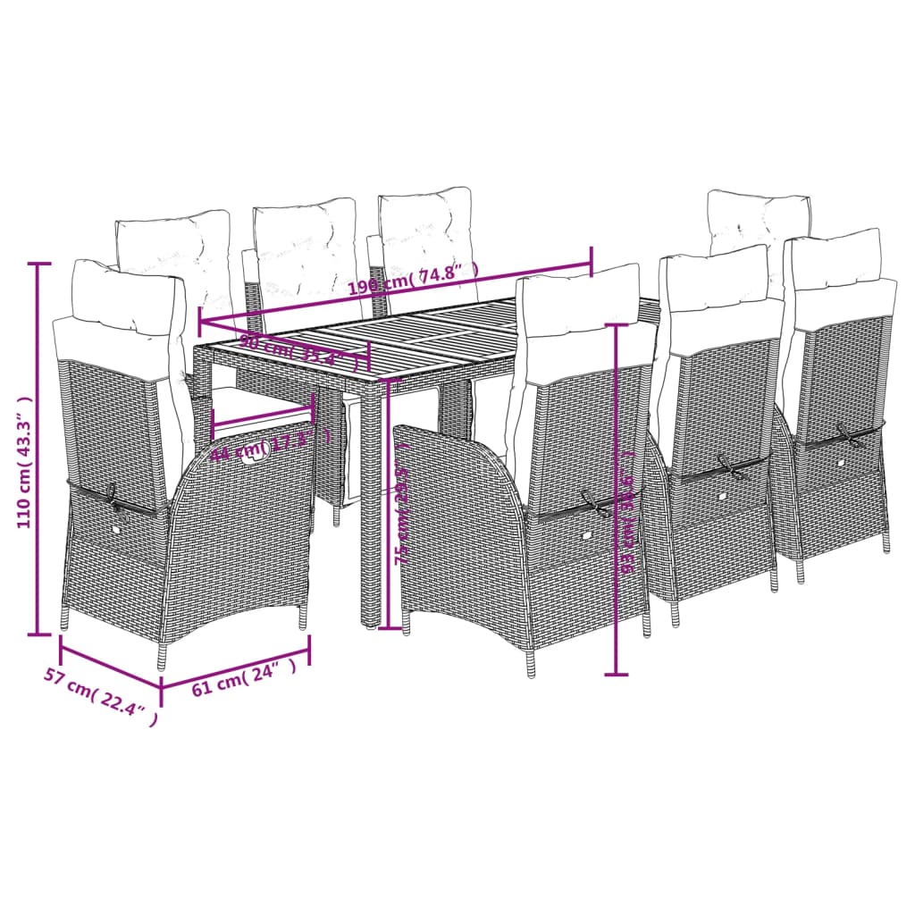 Set da Pranzo da Giardino 9 pz con Cuscini Nero in Polyrattan | homemem39