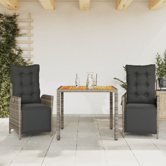 Set da Pranzo da Giardino 3 pz con Cuscini in Polyrattan Grigio