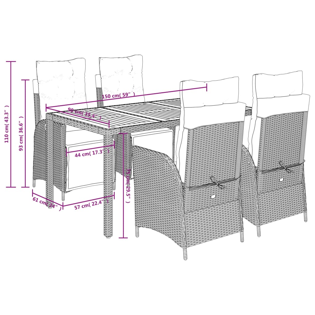 Set da Pranzo da Giardino 5 pz con Cuscini in Polyrattan Grigio | homemem39
