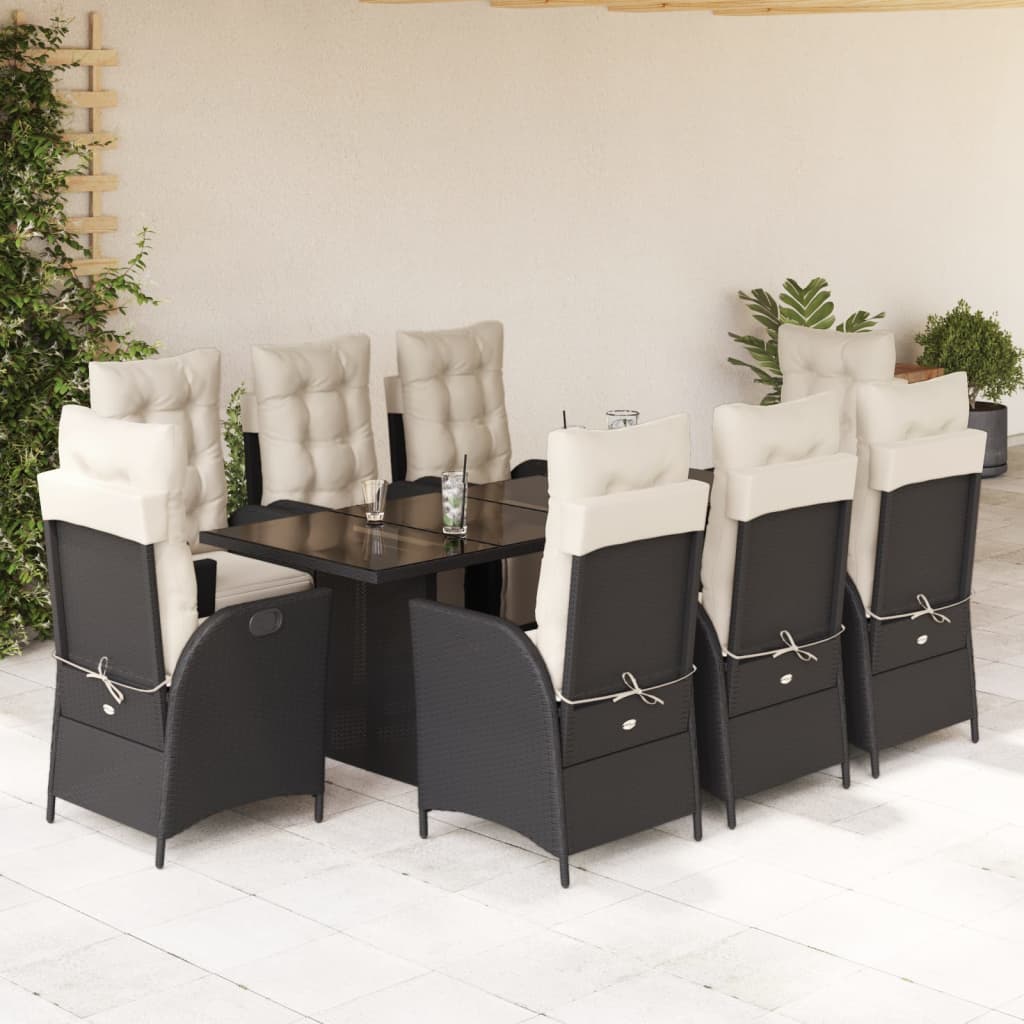 Set da Pranzo da Giardino 9 pz con Cuscini Nero in Polyrattan - homemem39