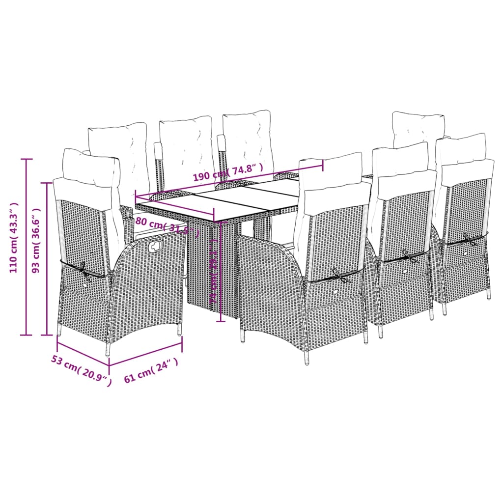 Set da Pranzo da Giardino 9pz con Cuscini Marrone in Polyrattan | homemem39