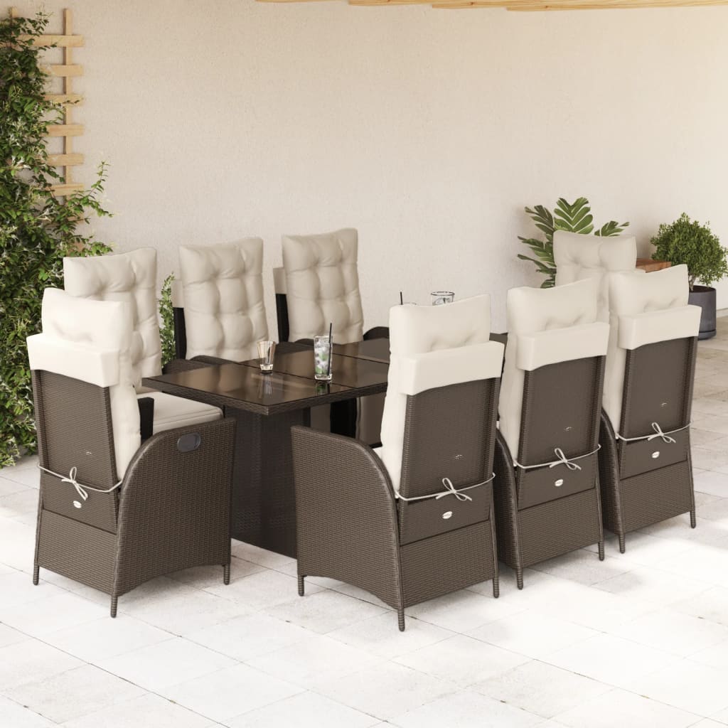 Set da Pranzo da Giardino 9pz con Cuscini Marrone in Polyrattan - homemem39