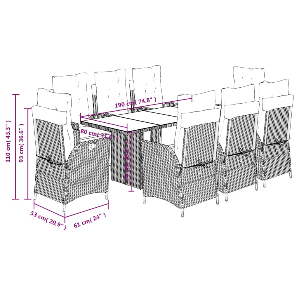 Set da Pranzo da Giardino 9 pz con Cuscini in Polyrattan Grigio | homemem39