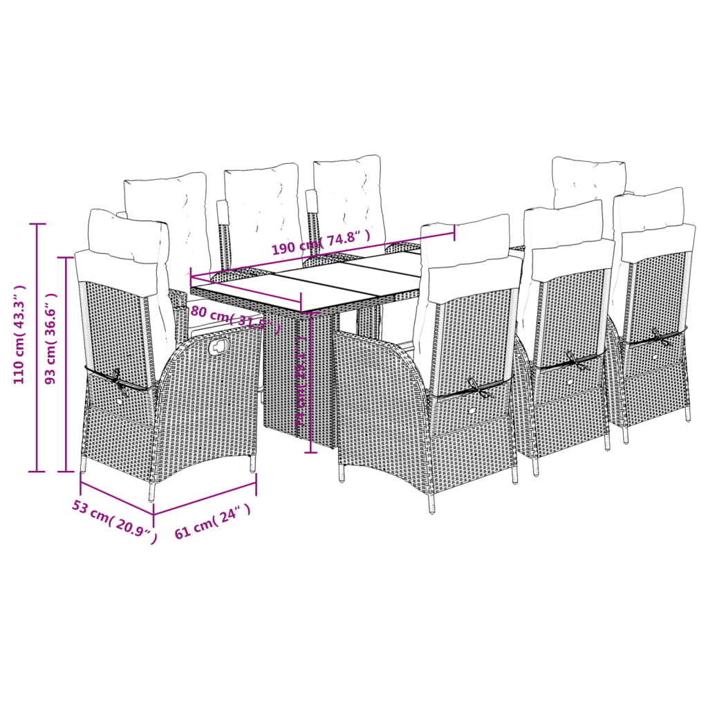 Set da Pranzo da Giardino 9 pz con Cuscini Beige in Polyrattan | homemem39