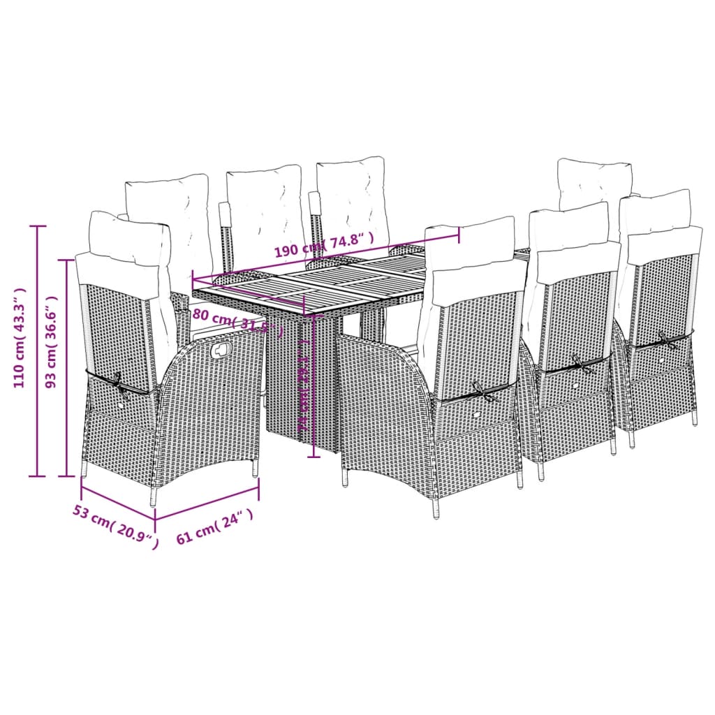Set da Pranzo da Giardino 9 pz con Cuscini Beige in Polyrattan | homemem39