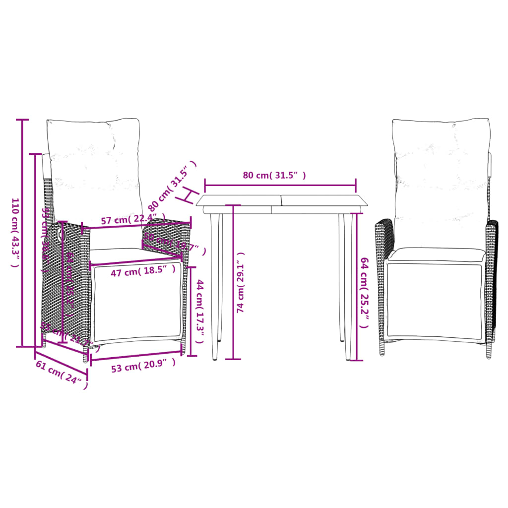 Set da Pranzo da Giardino 3 pz con Cuscini Nero in Polyrattan