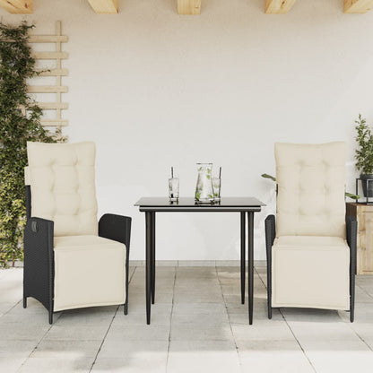 Set da Pranzo da Giardino 3 pz con Cuscini Nero in Polyrattan