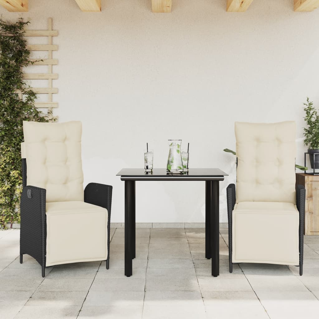 Set da Pranzo da Giardino 3 pz con Cuscini Nero in Polyrattan - homemem39
