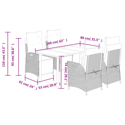Set da Pranzo da Giardino 5 pz Nero con Cuscini in Polyrattan