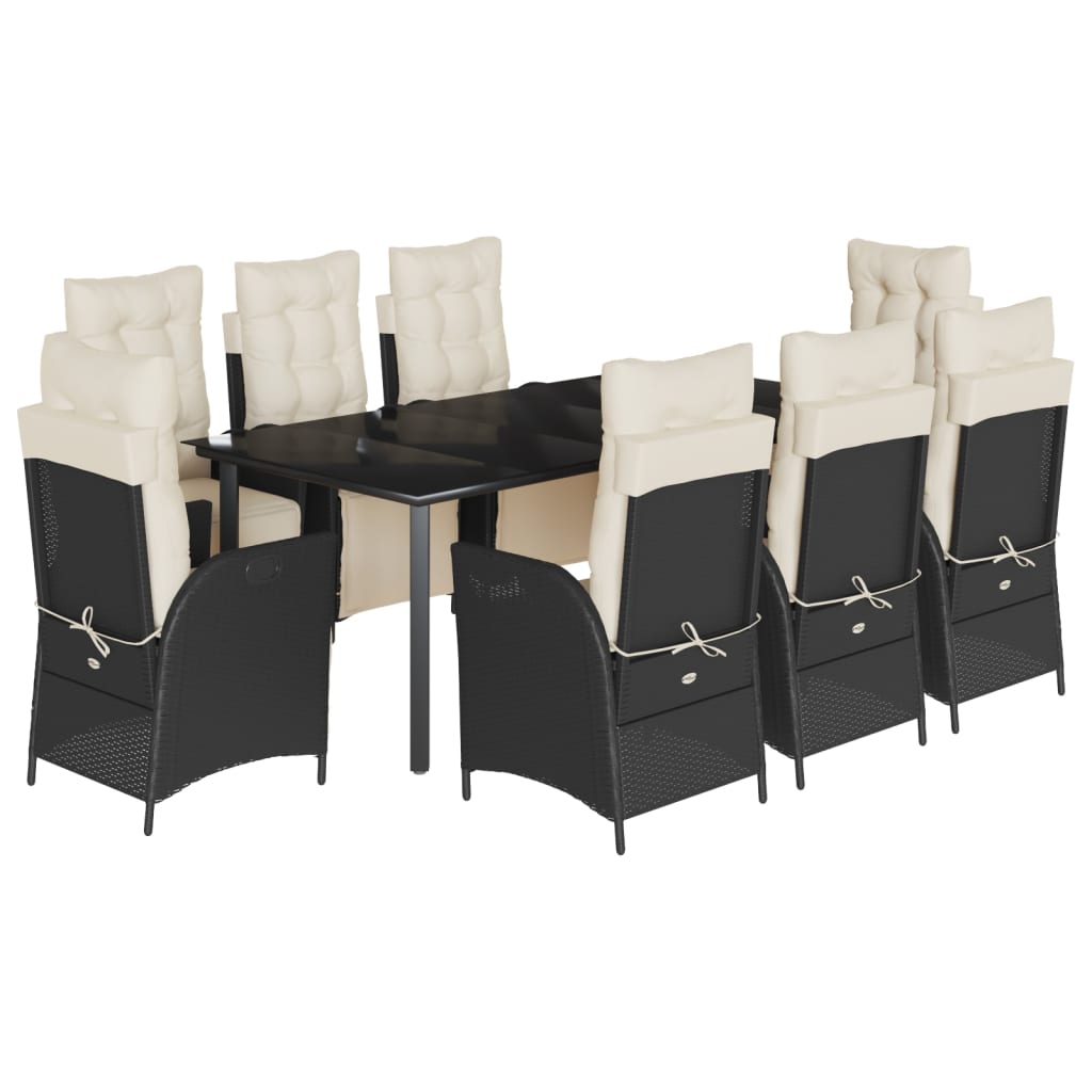 Set da Pranzo da Giardino 9 pz con Cuscini Nero in Polyrattan