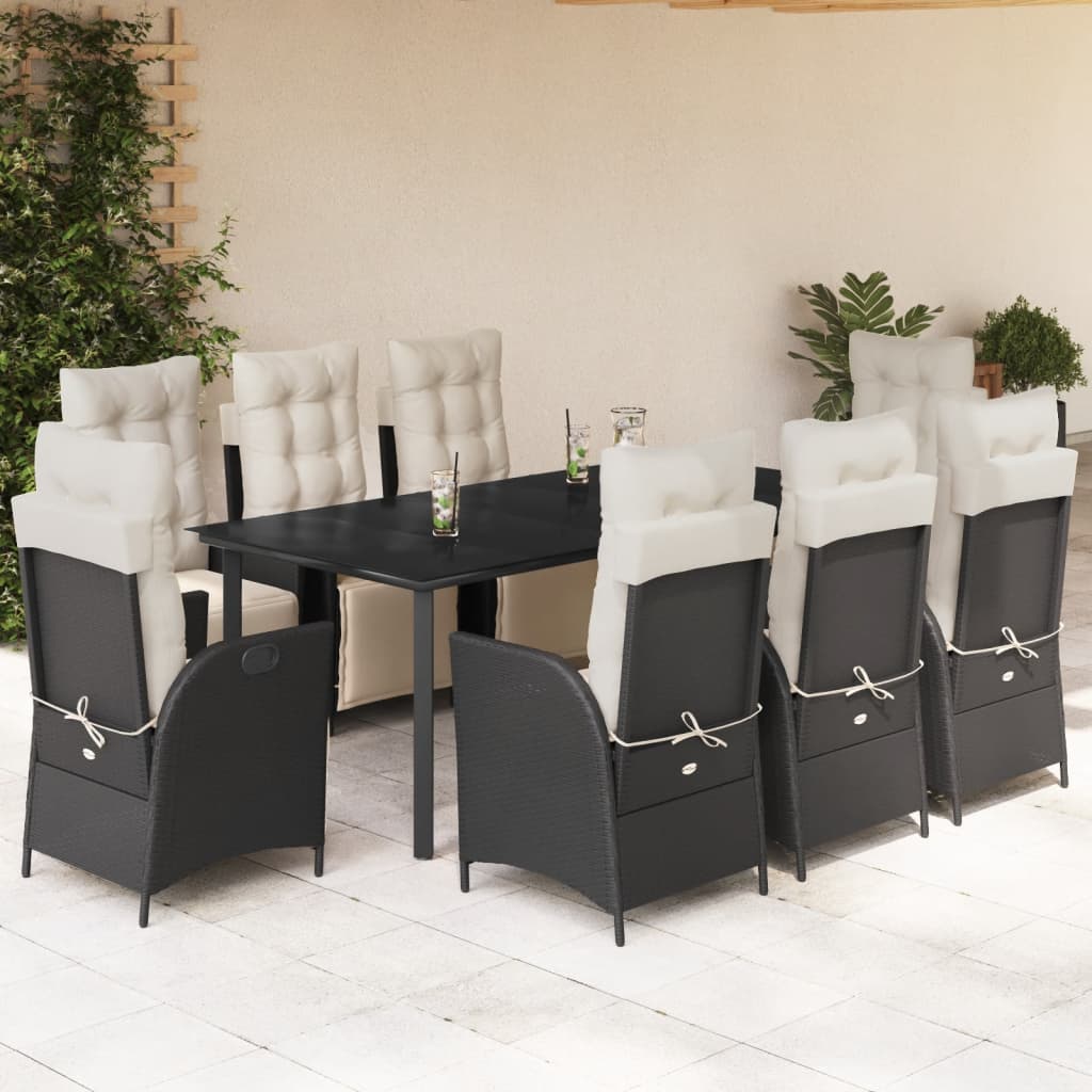 Set da Pranzo da Giardino 9 pz con Cuscini Nero in Polyrattan