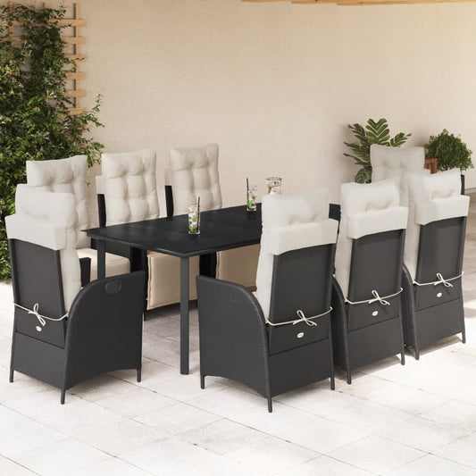 Set da Pranzo da Giardino 9 pz con Cuscini Nero in Polyrattan - homemem39