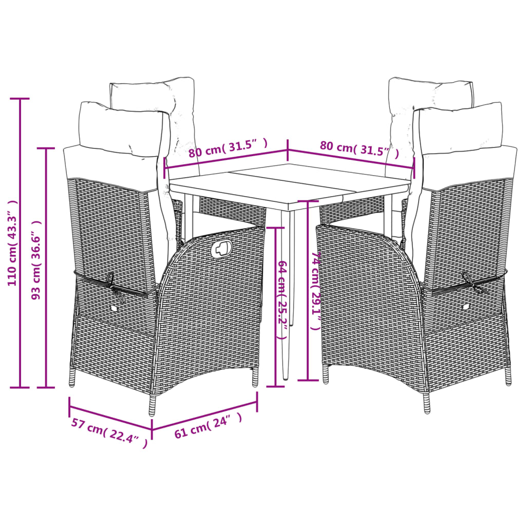 Set da Pranzo da Giardino 5 pz Nero con Cuscini in Polyrattan