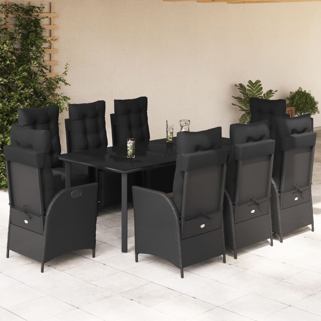 Set da Pranzo da Giardino 9 pz con Cuscini Nero in Polyrattan - homemem39