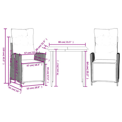 Set da Pranzo da Giardino 3pz con Cuscini in Polyrattan Marrone