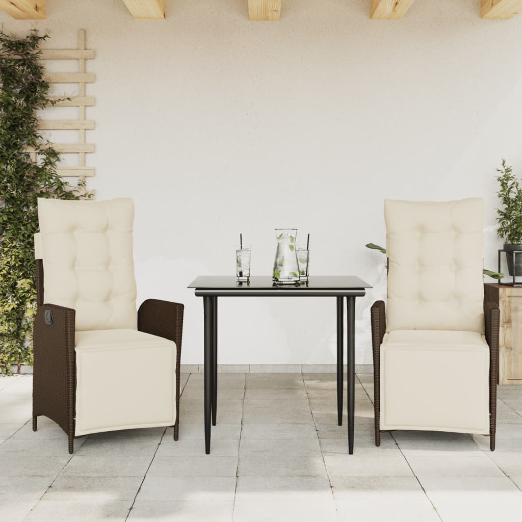 Set da Pranzo da Giardino 3pz con Cuscini in Polyrattan Marrone - homemem39
