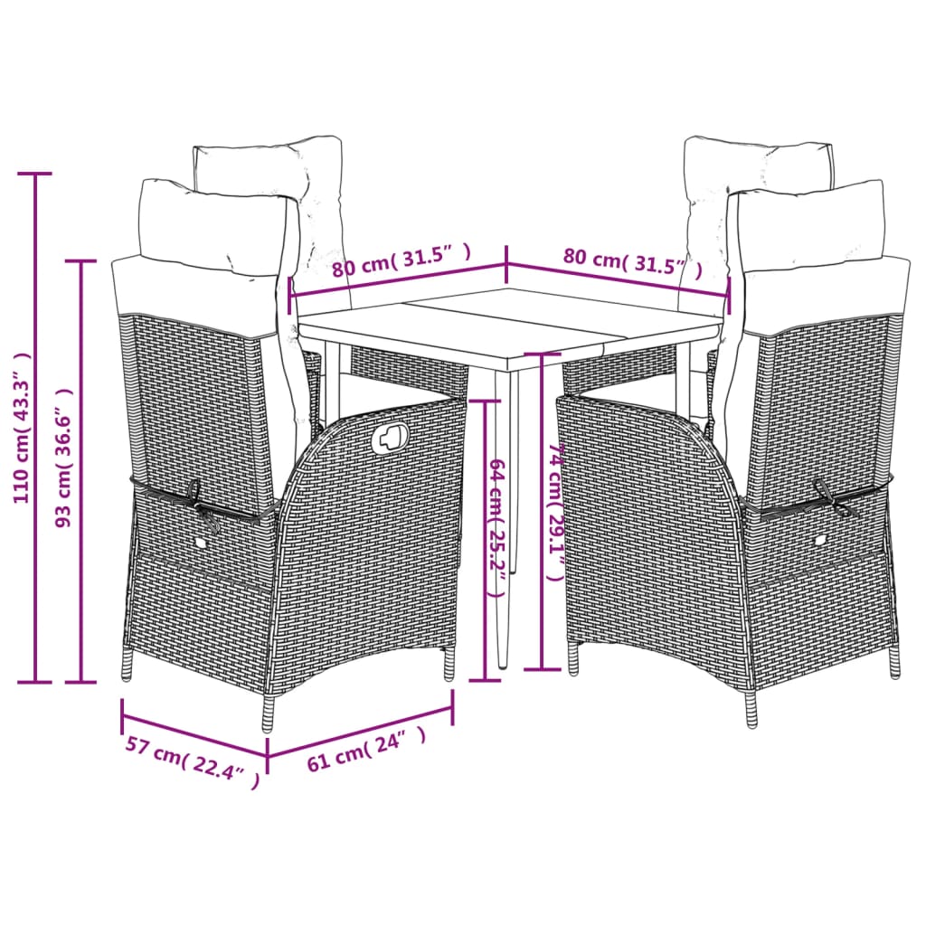 Set da Pranzo da Giardino 5pz con Cuscini in Polyrattan Marrone