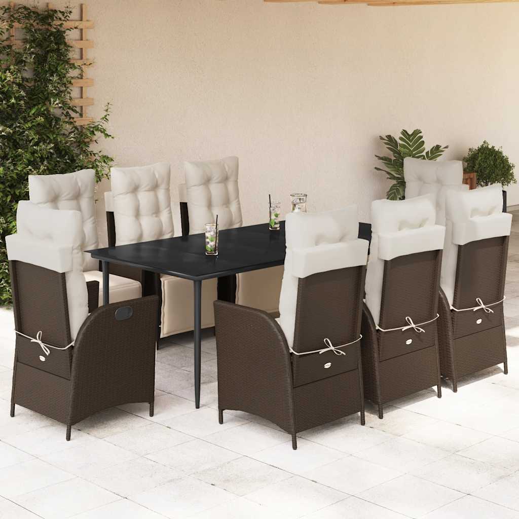 Set da Pranzo da Giardino 9pz con Cuscini Marrone in Polyrattan - homemem39