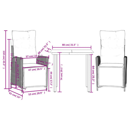 Set da Pranzo da Giardino 3pz con Cuscini in Polyrattan Marrone