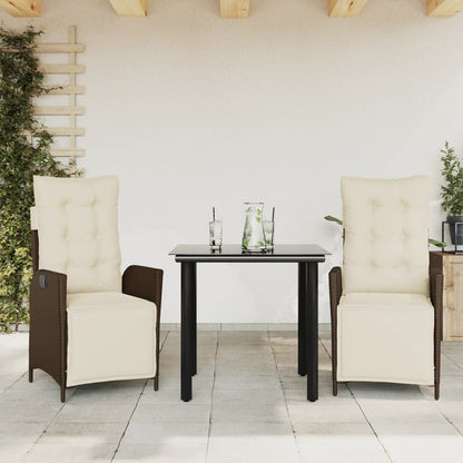 Set da Pranzo da Giardino 3pz con Cuscini in Polyrattan Marrone - homemem39