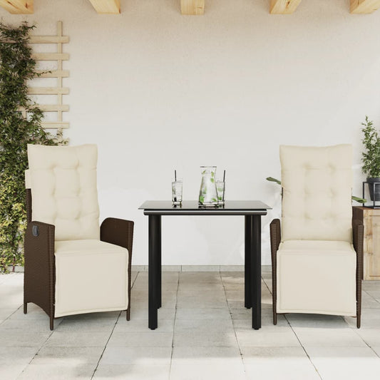 Set da Pranzo da Giardino 3pz con Cuscini in Polyrattan Marrone - homemem39