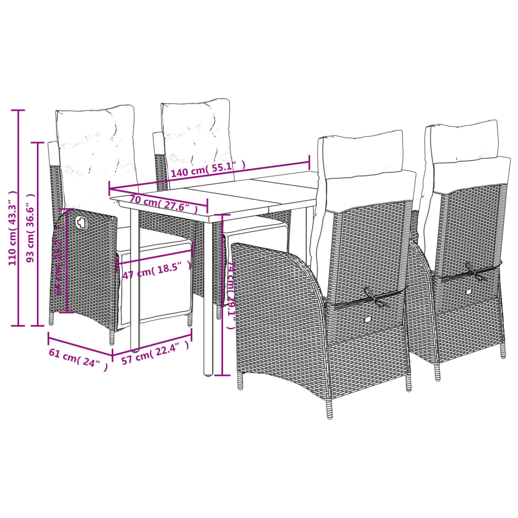 Set da Pranzo da Giardino 5 pz con Cuscini in Polyrattan Grigio | homemem39
