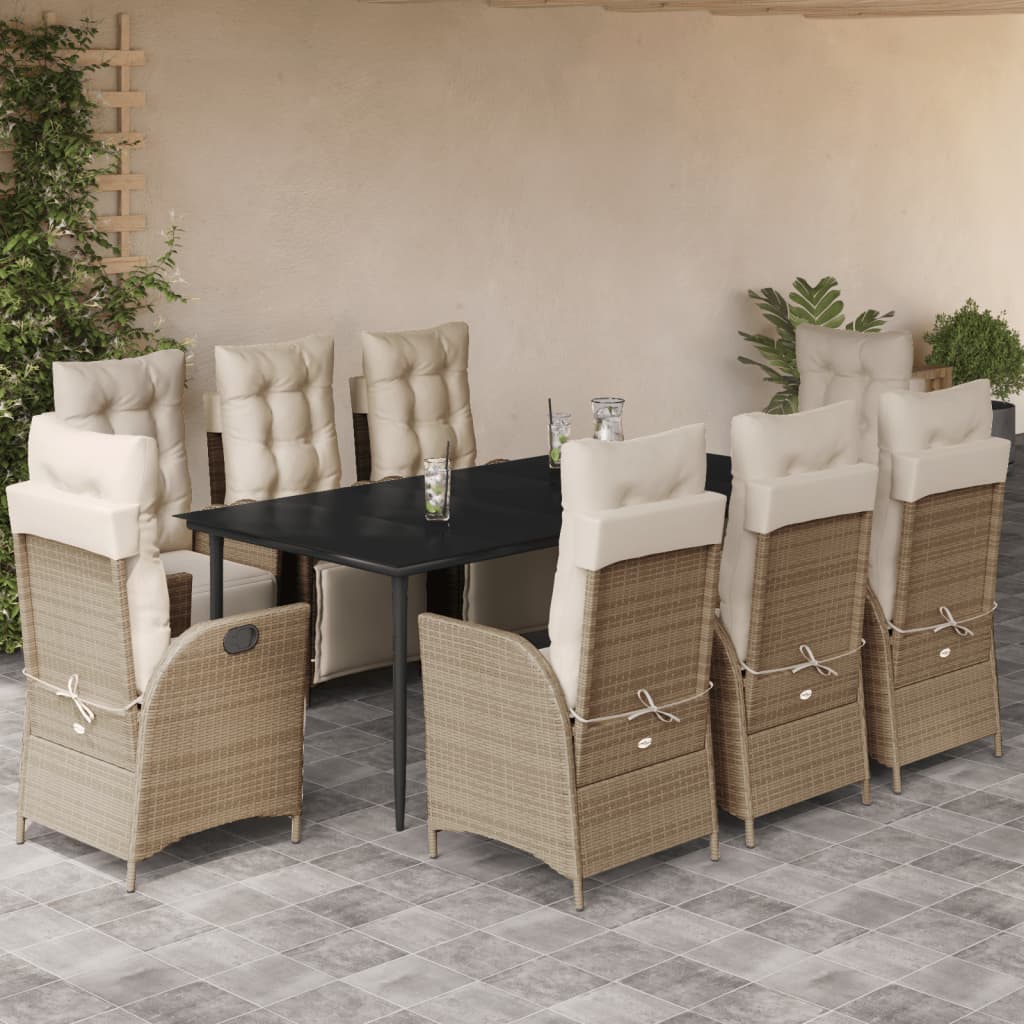 Set da Pranzo da Giardino 9 pz con Cuscini Beige in Polyrattan - homemem39