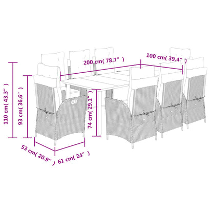 Set Pranzo da Giardino 9pz con Cuscini Grigio Chiaro Polyrattan