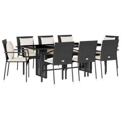 Set da Pranzo da Giardino 9 pz con Cuscini Nero in Polyrattan