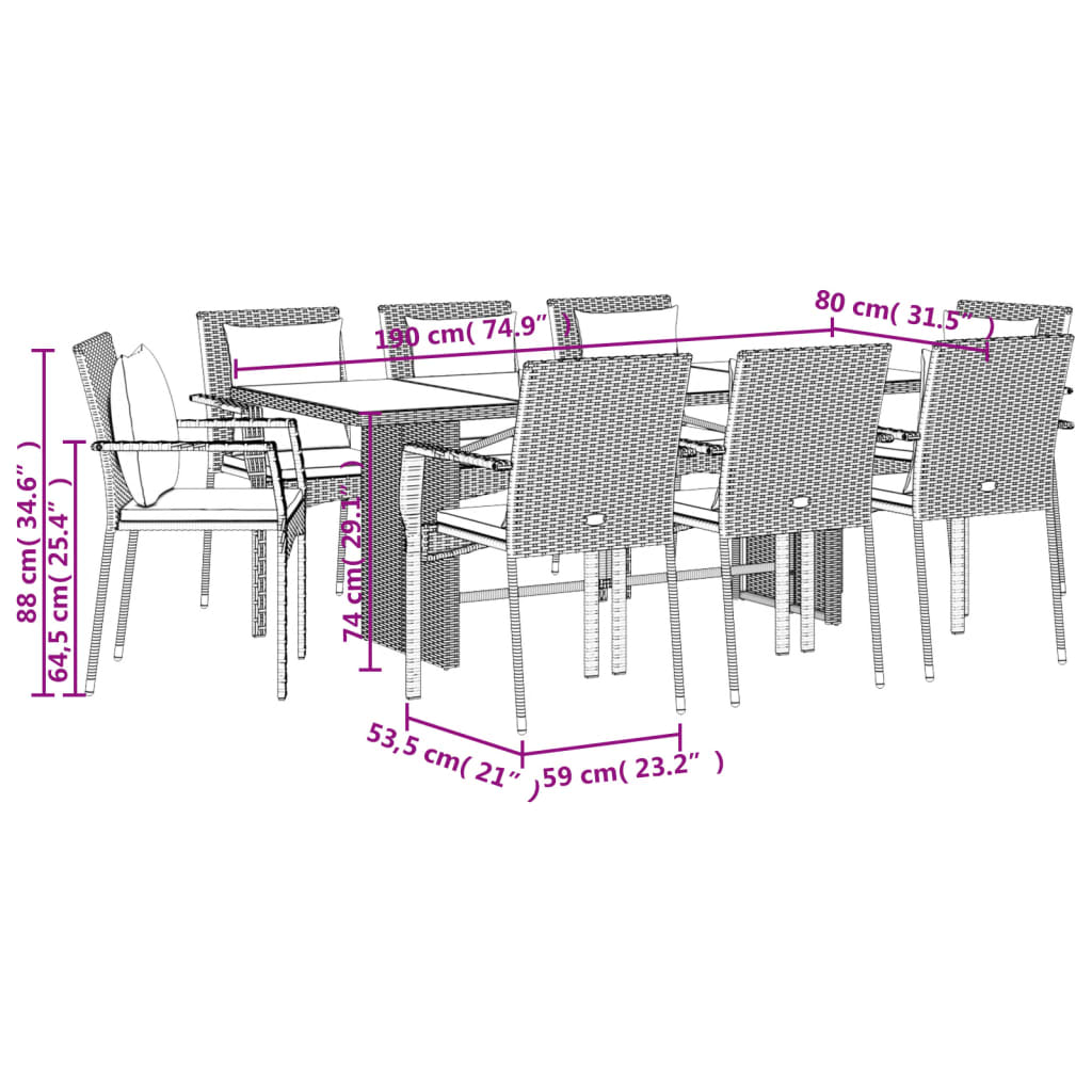 Set da Pranzo da Giardino 9 pz con Cuscini in Polyrattan Grigio - homemem39