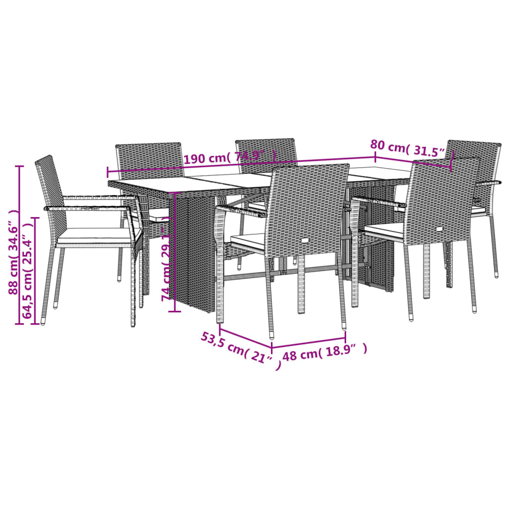 Set da Pranzo da Giardino 7 pz Nero con Cuscini in Polyrattan | homemem39