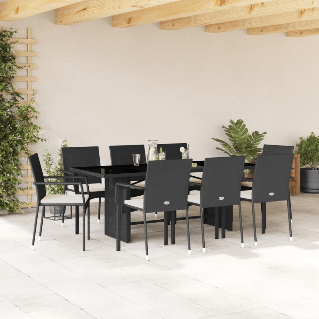 Set da Pranzo da Giardino 9 pz con Cuscini Nero in Polyrattan - homemem39