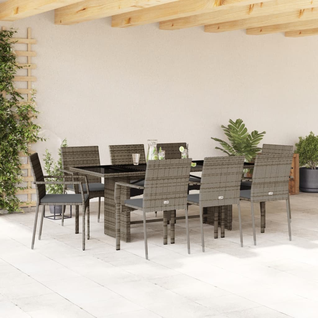 Set da Pranzo da Giardino 9 pz con Cuscini in Polyrattan Grigio - homemem39