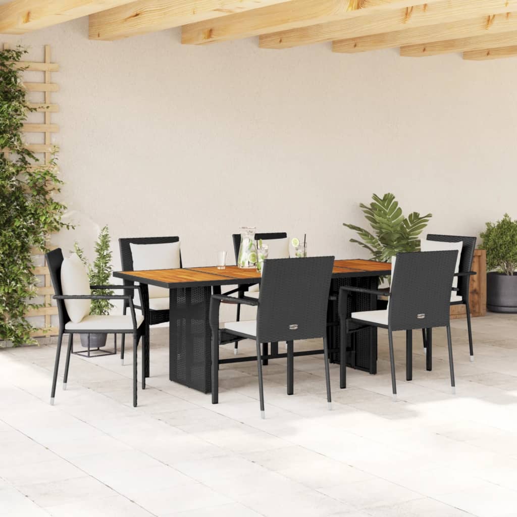 Set da Pranzo da Giardino 7 pz Nero con Cuscini in Polyrattan - homemem39