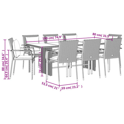 Set da Pranzo da Giardino 9 pz con Cuscini Nero in Polyrattan | homemem39