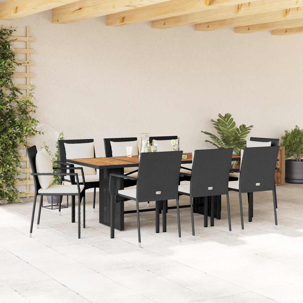 Set da Pranzo da Giardino 9 pz con Cuscini Nero in Polyrattan | homemem39