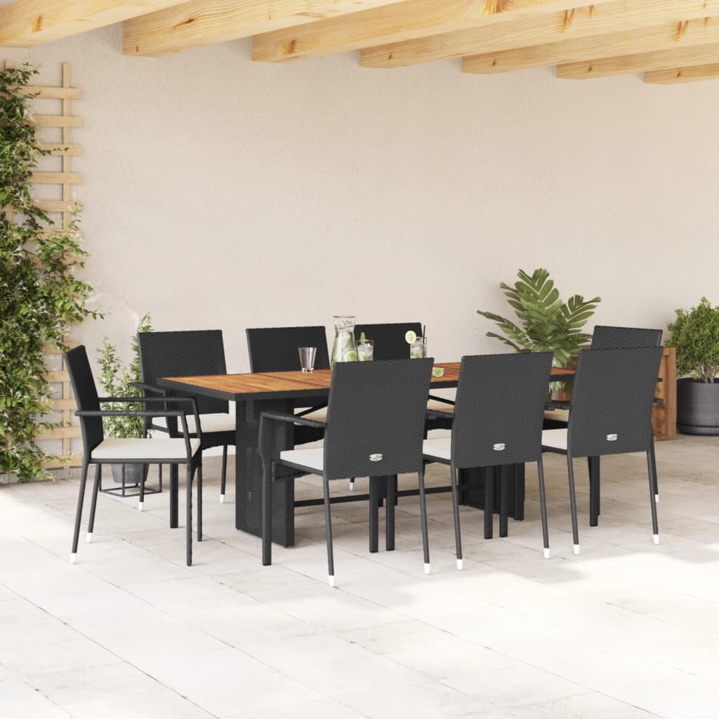 Set da Pranzo da Giardino 9 pz con Cuscini Nero in Polyrattan - homemem39