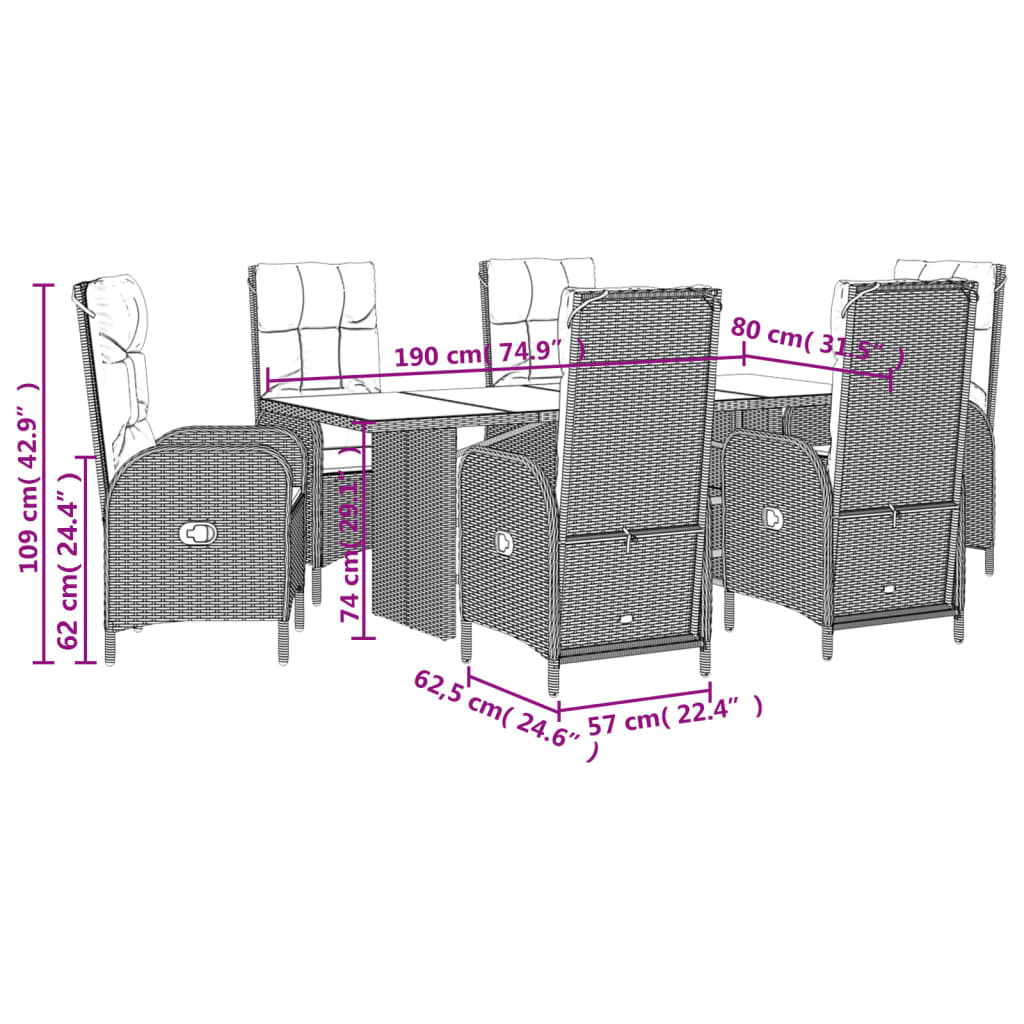 Set da Pranzo da Giardino 7 pz Nero con Cuscini in Polyrattan | homemem39