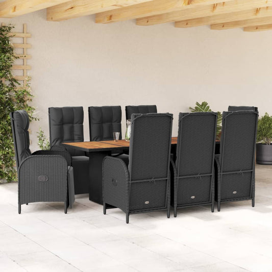 Set da Pranzo da Giardino 9 pz con Cuscini Nero in Polyrattan - homemem39