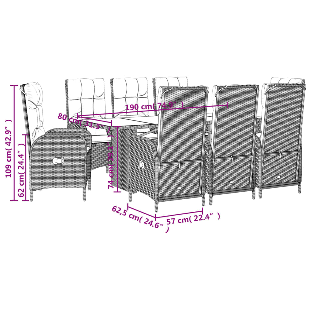Set da Pranzo da Giardino 9 pz con Cuscini Nero in Polyrattan | homemem39