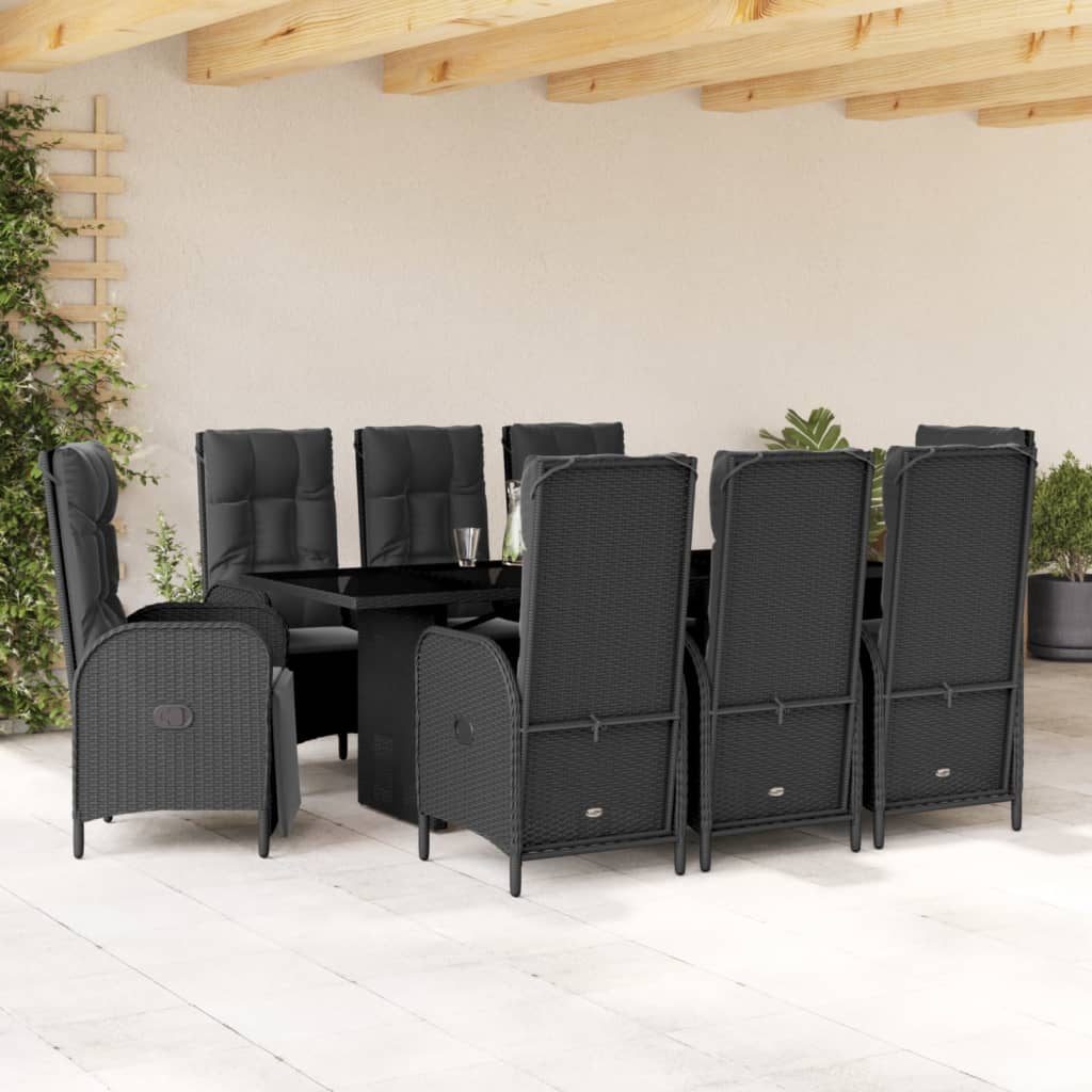 Set da Pranzo da Giardino 9 pz con Cuscini Nero in Polyrattan - homemem39